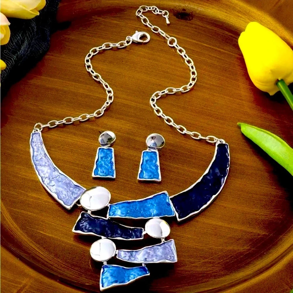 Geometric Zinc Alloy Hollow-Out Colorblock Oil-Drip Necklace & Earrings, NWOT